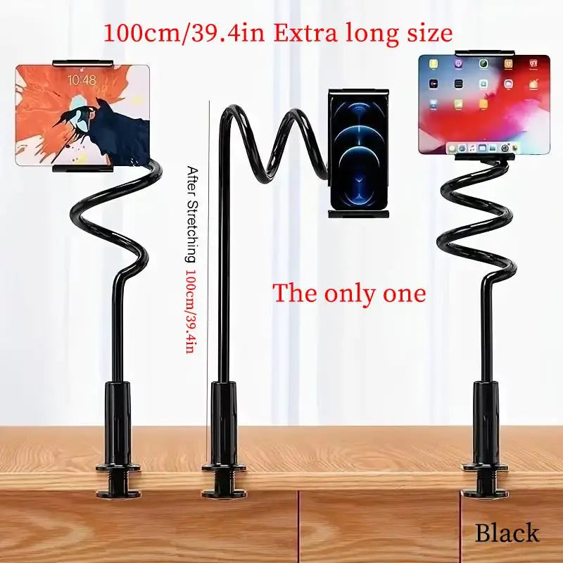 Black flexible gooseneck holder for tablets and phones with an extra long size.