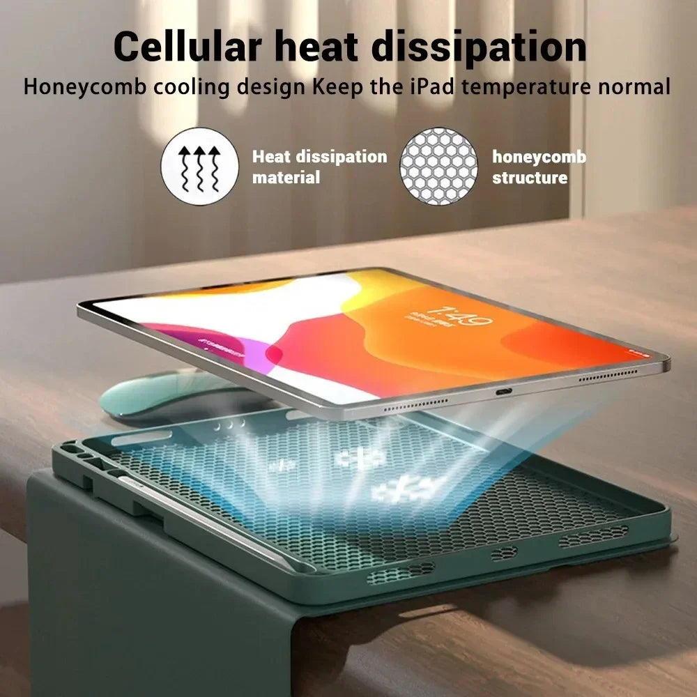 A tablet is shown resting on a cooling pad, illustrating cellular heat dissipation for temperature regulation.