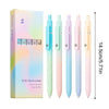 A set of five iridescent gel ink pens in various pastel colors, including light blue, pink, and green.