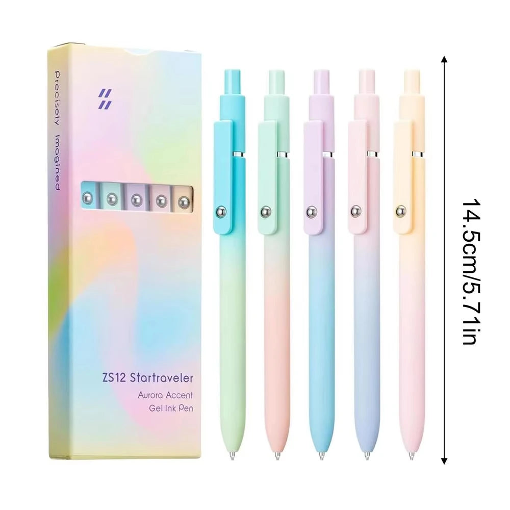 A set of five iridescent gel ink pens in various pastel colors, including light blue, pink, and green.