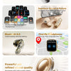 A set of black AI-powered translator earbuds with a multi-functional touchscreen case shown in various contexts.
