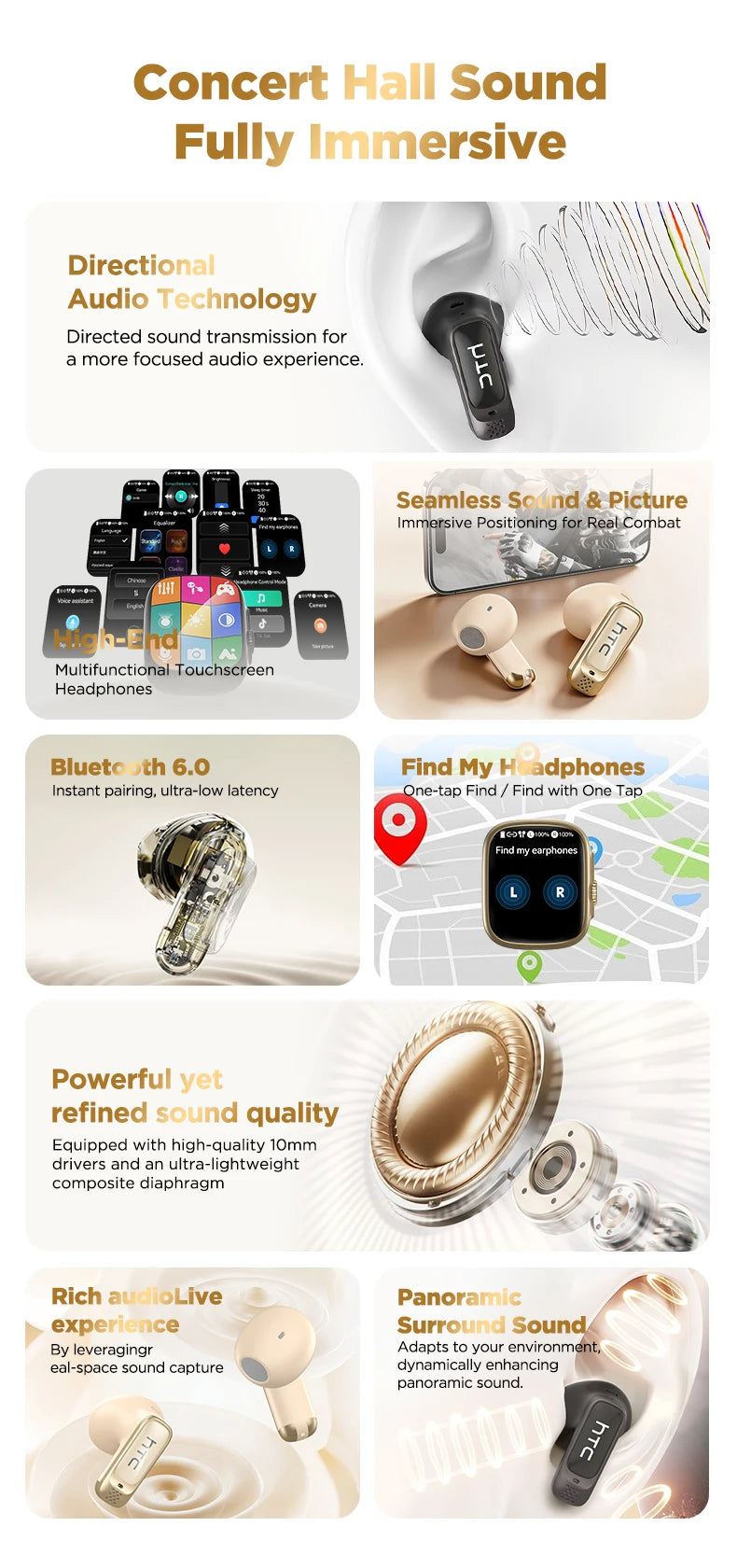A set of black AI-powered translator earbuds with a multi-functional touchscreen case shown in various contexts.