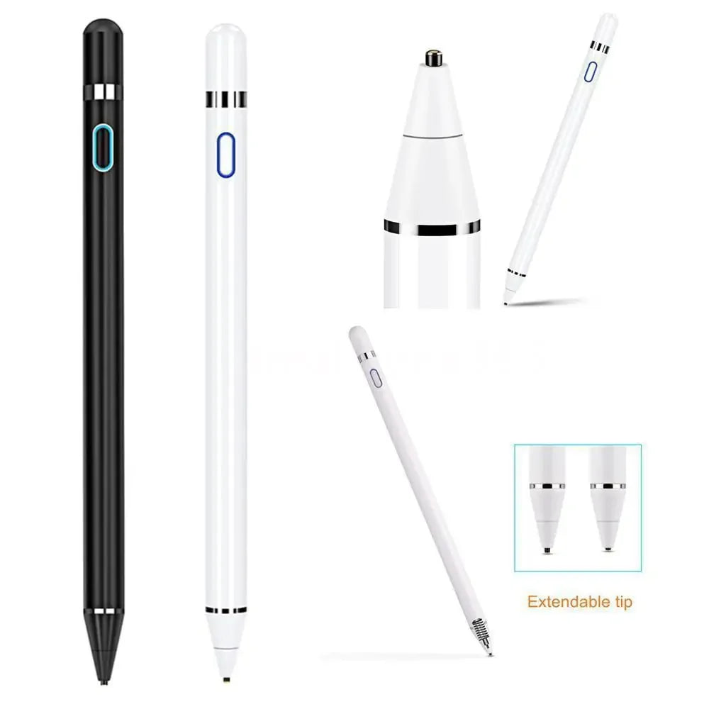 A set of black and white universal stylus pens shown in various forms, including a standard pen and an extendable tip.