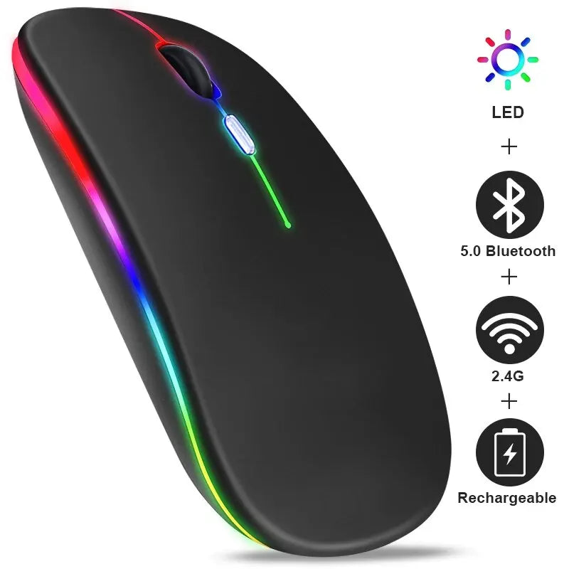 Schwarze RGB kabellose Bluetooth-Gaming-Maus mit mehrfarbigen LED-Lichtern und wiederaufladbarer Batterie.