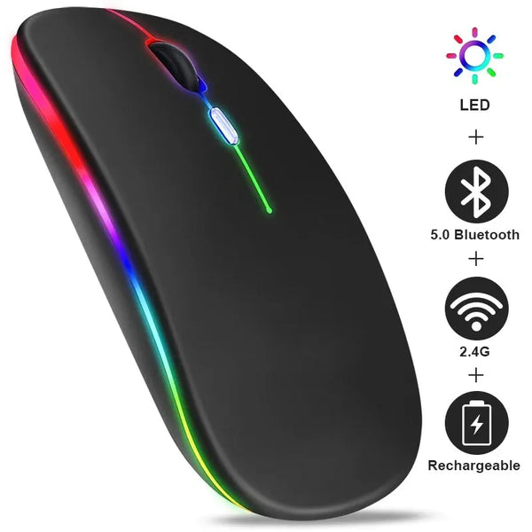 Black RGB wireless Bluetooth gaming mouse with multi-color LED lights and rechargeable battery.