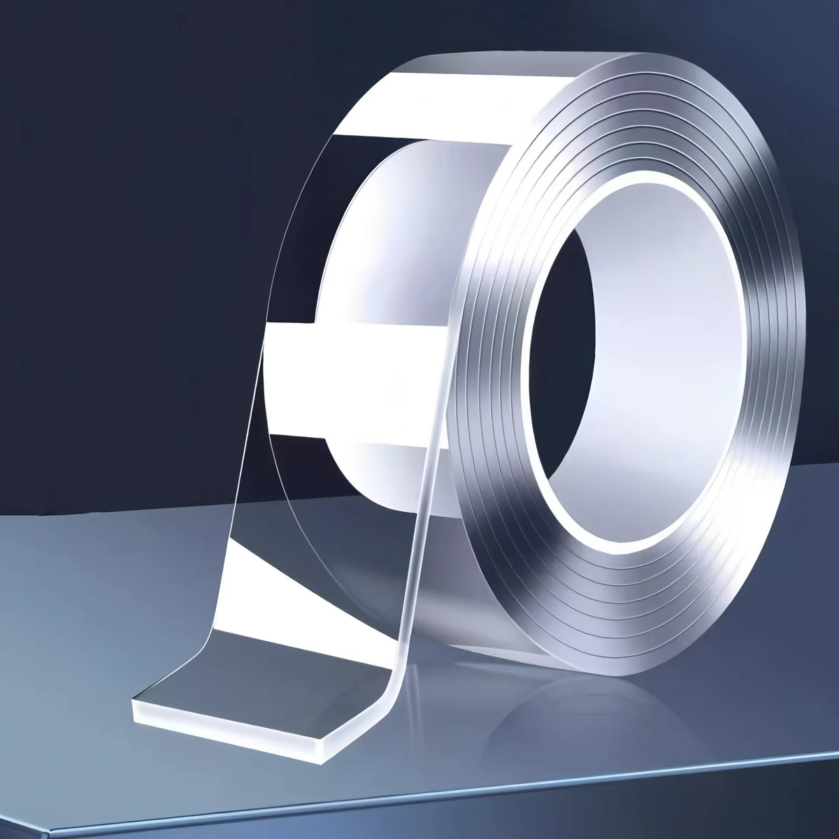 Roll of heavy duty double-sided nano adhesive tape shown on a glass surface.