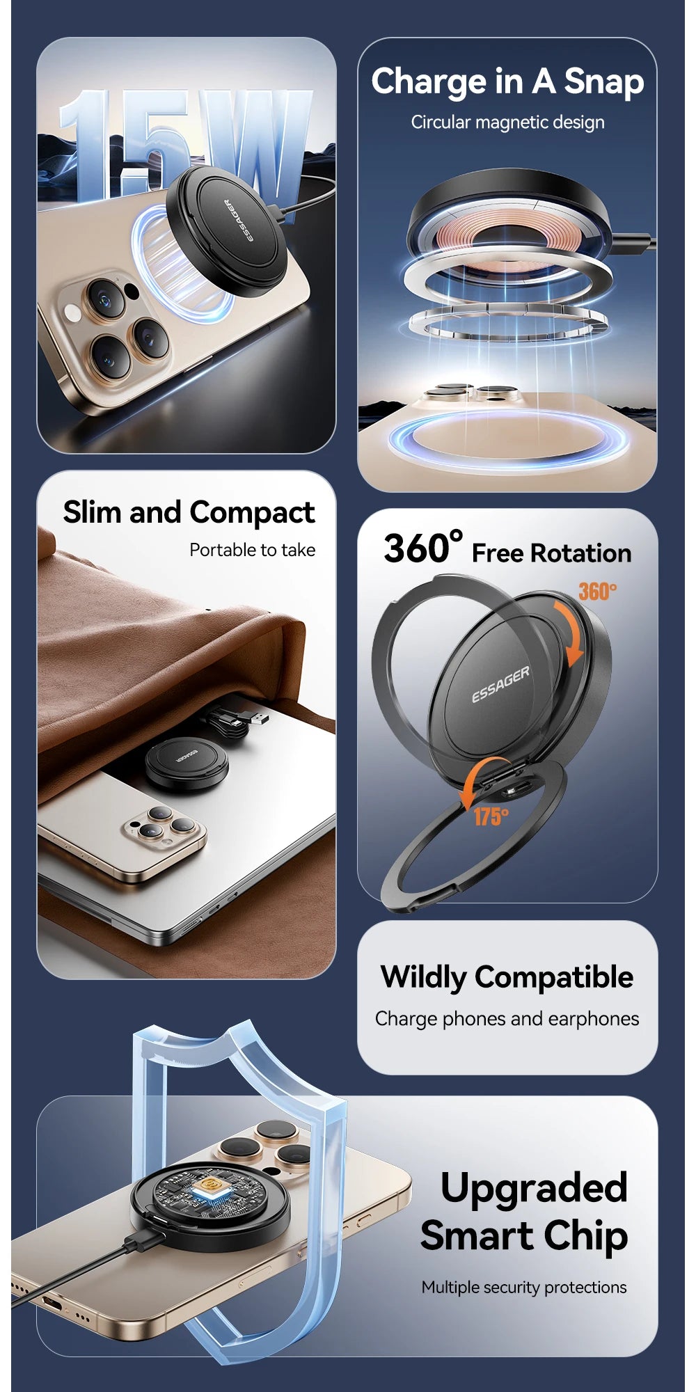A magnetic wireless charger with a stand is shown, featuring a circular magnetic design and an upgraded smart chip.
