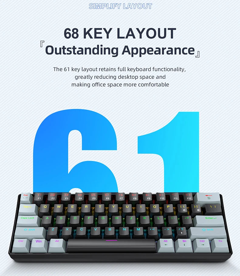 Vue rapprochée d'un clavier mécanique bleu 61 touches avec une base noire et diverses touches de fonction.