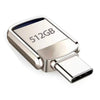 Silver flash drive with 512GB capacity and a USB Type-C connector.