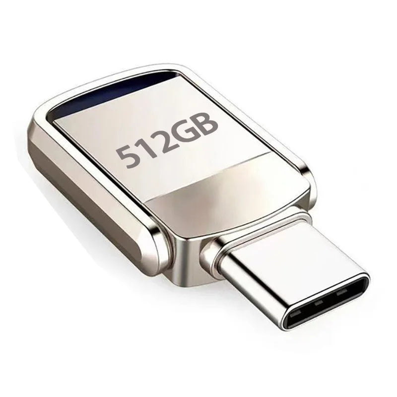 Silver flash drive with 512GB capacity and a USB Type-C connector.