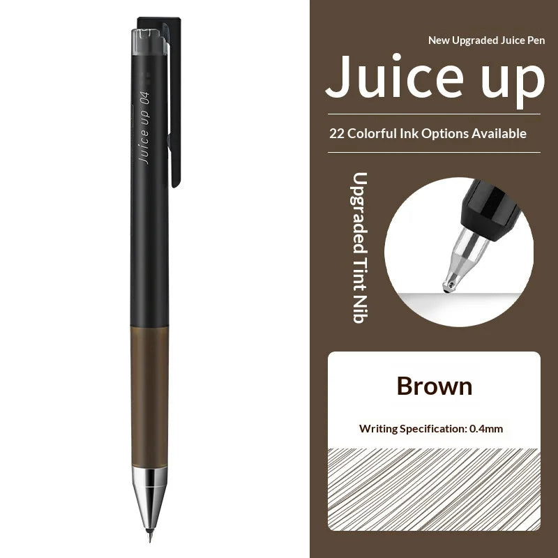 A black and bronze Pilot Juice Up fine point gel pen with an upgraded tint nib shown next to writing specifications.