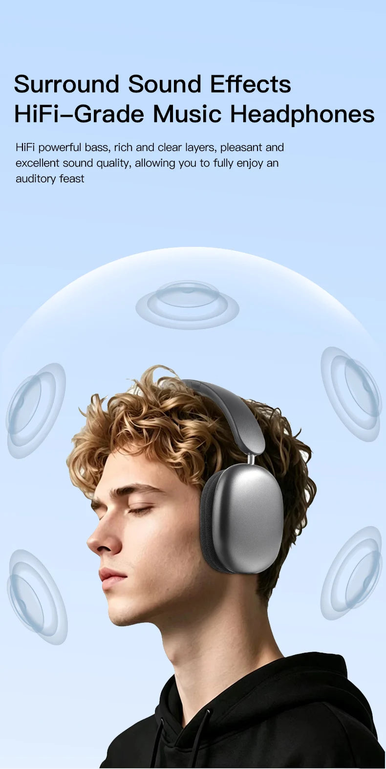 A young man wearing silver over-ear headphones, demonstrating surround sound effects.