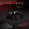 A black wireless MMO gaming mouse with 15 red buttons and yellow accents is shown on a dark surface.