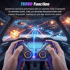 A hand holds an RGB wireless gaming controller in a cockpit view with intense laser effects.