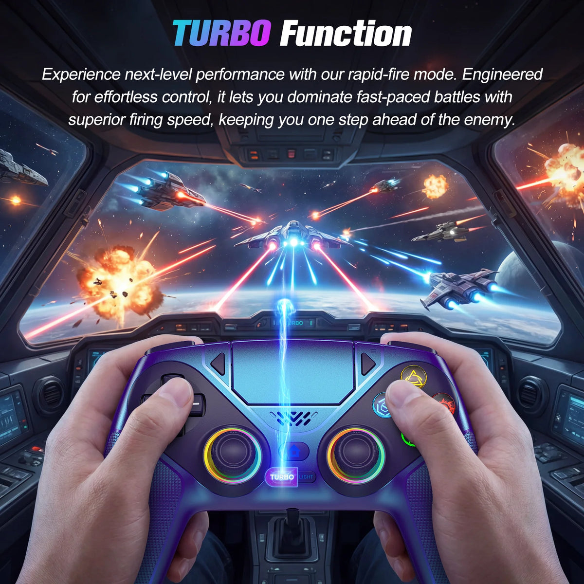A hand holds an RGB wireless gaming controller in a cockpit view with intense laser effects.