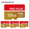 Three Microdrive Pro Plus memory cards in red and gold packaging showing 128GB, 256GB, and 64GB capacities.