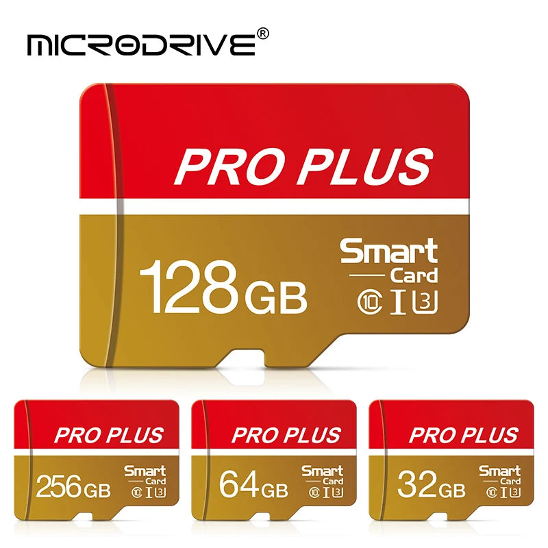Three Microdrive Pro Plus memory cards in red and gold packaging showing 128GB, 256GB, and 64GB capacities.