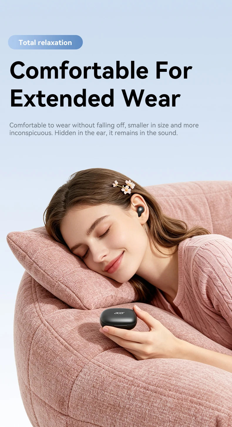 A woman is relaxing while holding a black Acer wireless clip-on earbud in her hand.
