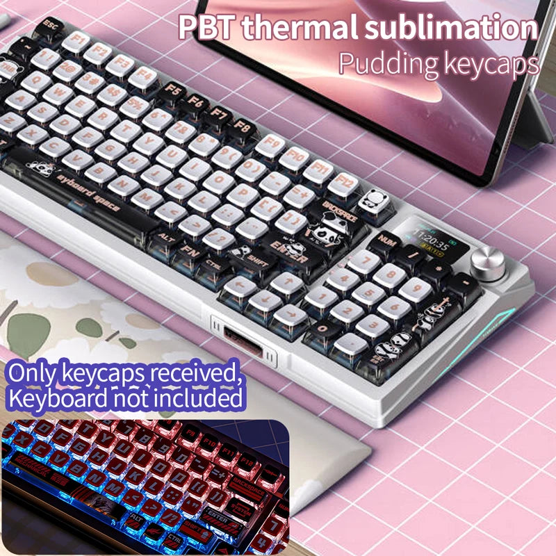 Close-up of PBT thermal sublimated shark keycaps for mechanical keyboards displayed on a pink surface.