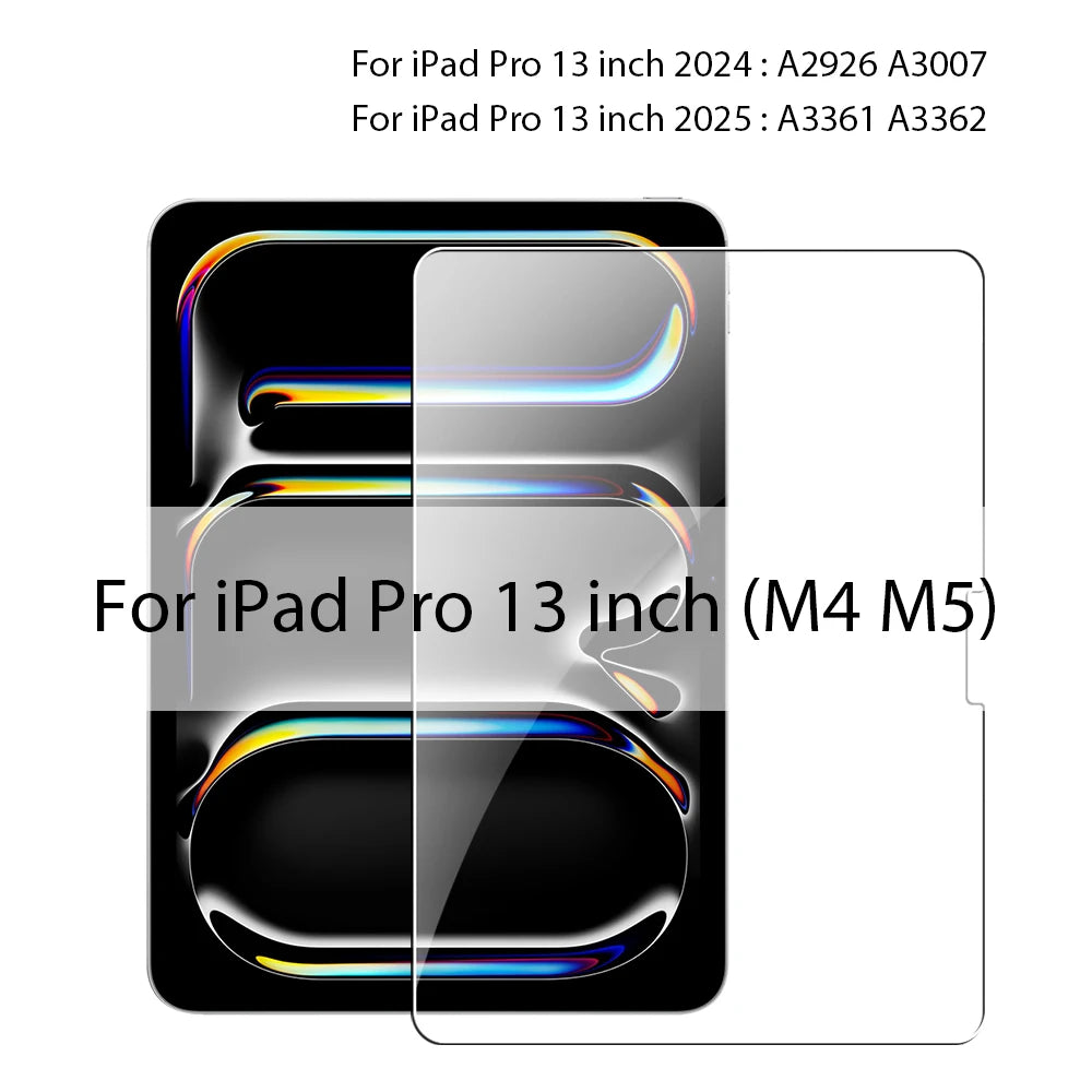 A transparent tempered glass screen protector for an iPad Pro 13 inch model.