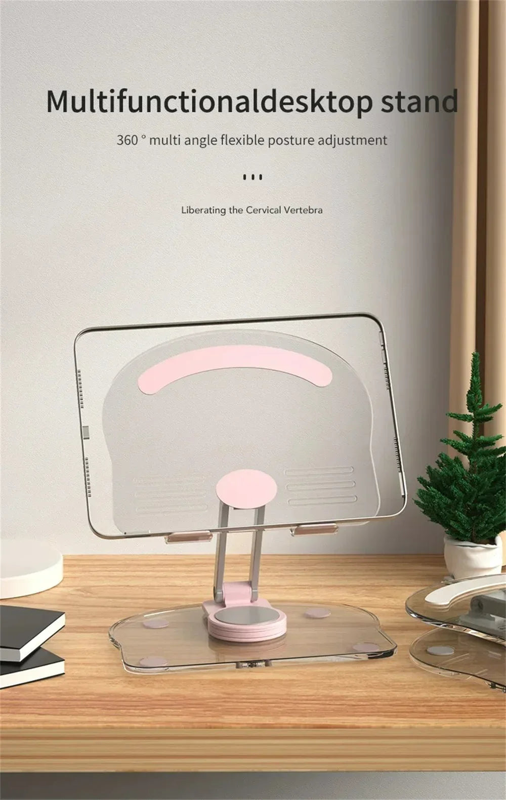 A silver multifunctional desk stand for a tablet or phone, designed for 360-degree flexible posture adjustment.