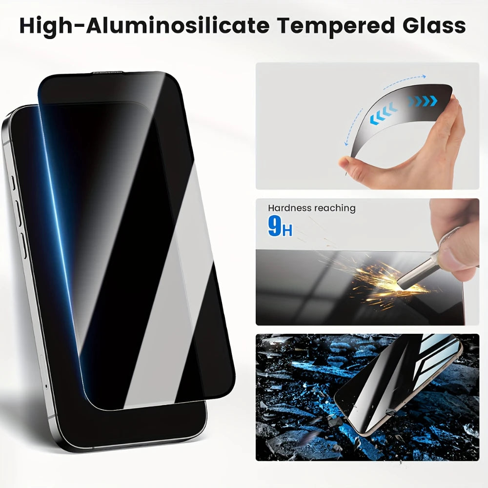 A display shows a high-aluminumosilicate tempered glass screen protector applied to an iPhone, demonstrating hardness and scr