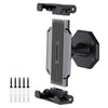 A black 360° rotating tablet wall mount stand with mounting hardware and a clamp mechanism.