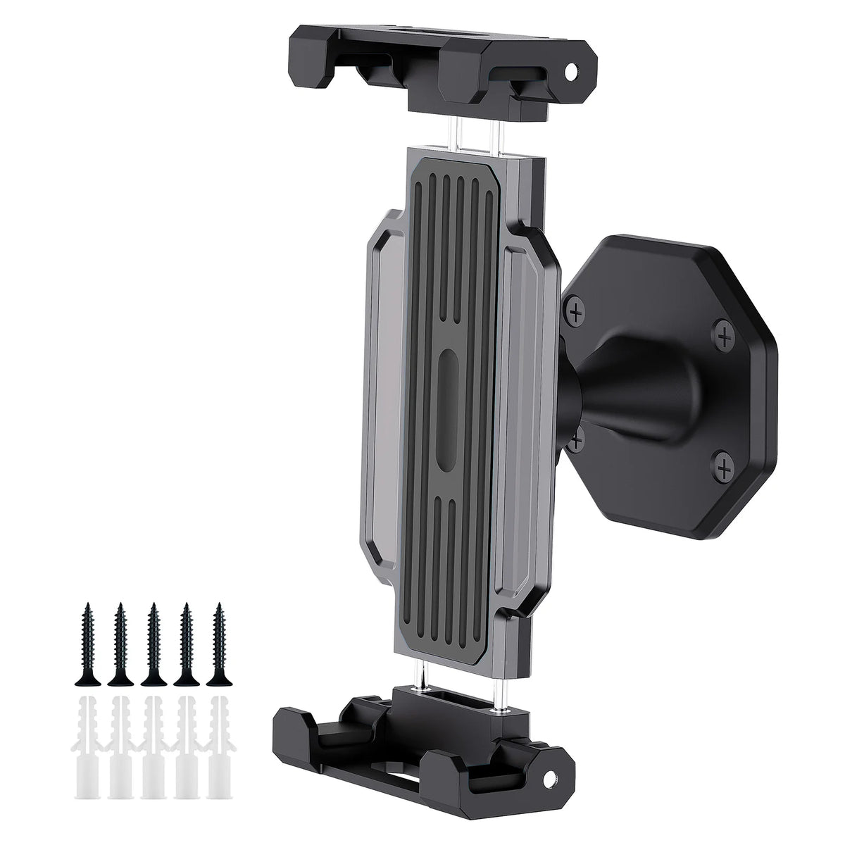 A black 360° rotating tablet wall mount stand with mounting hardware and a clamp mechanism.