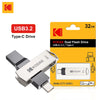 A Kodak Dual Flash Drive USB 3.2 Type-C drive in a silver metal casing and yellow packaging.