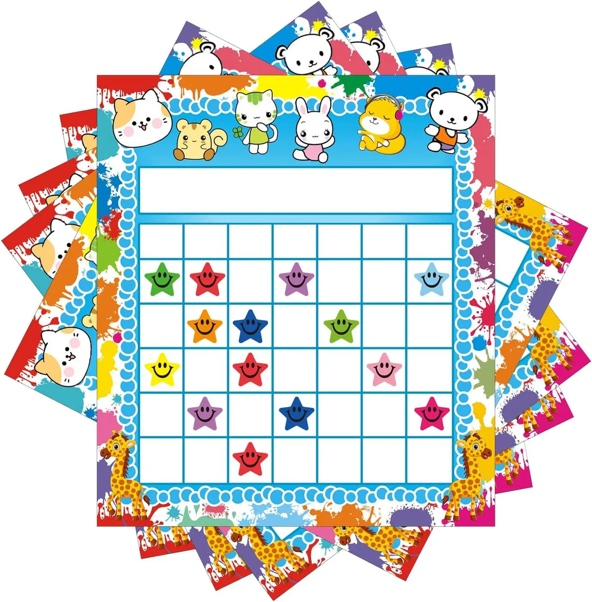 Colorful incentive reward chart for kids behavior tracking featuring cute animal characters and colored sections.