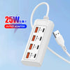 A white 8-in-1 USB wall outlet adapter with multiple ports for 25W fast charging is shown connected to a cable.