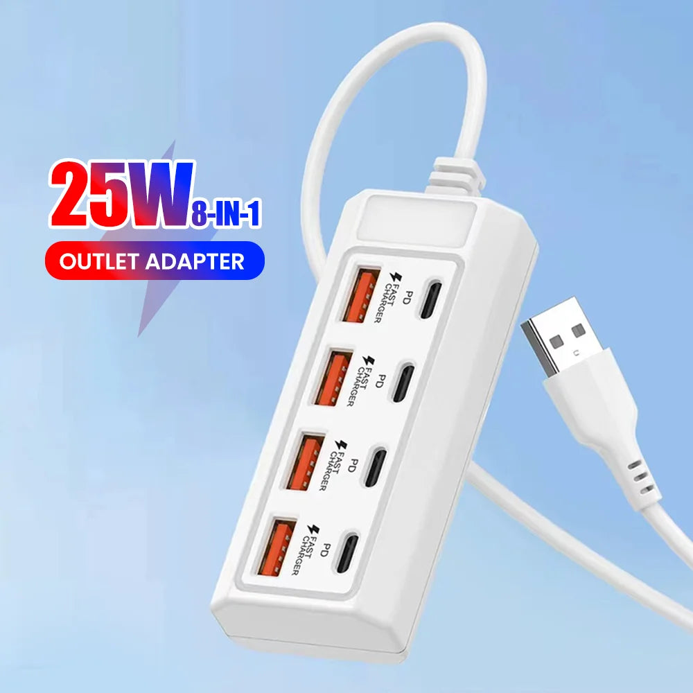 A white 8-in-1 USB wall outlet adapter with multiple ports for 25W fast charging is shown connected to a cable.