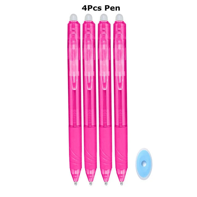 A set of four pink retractable gel pens with silver accents.