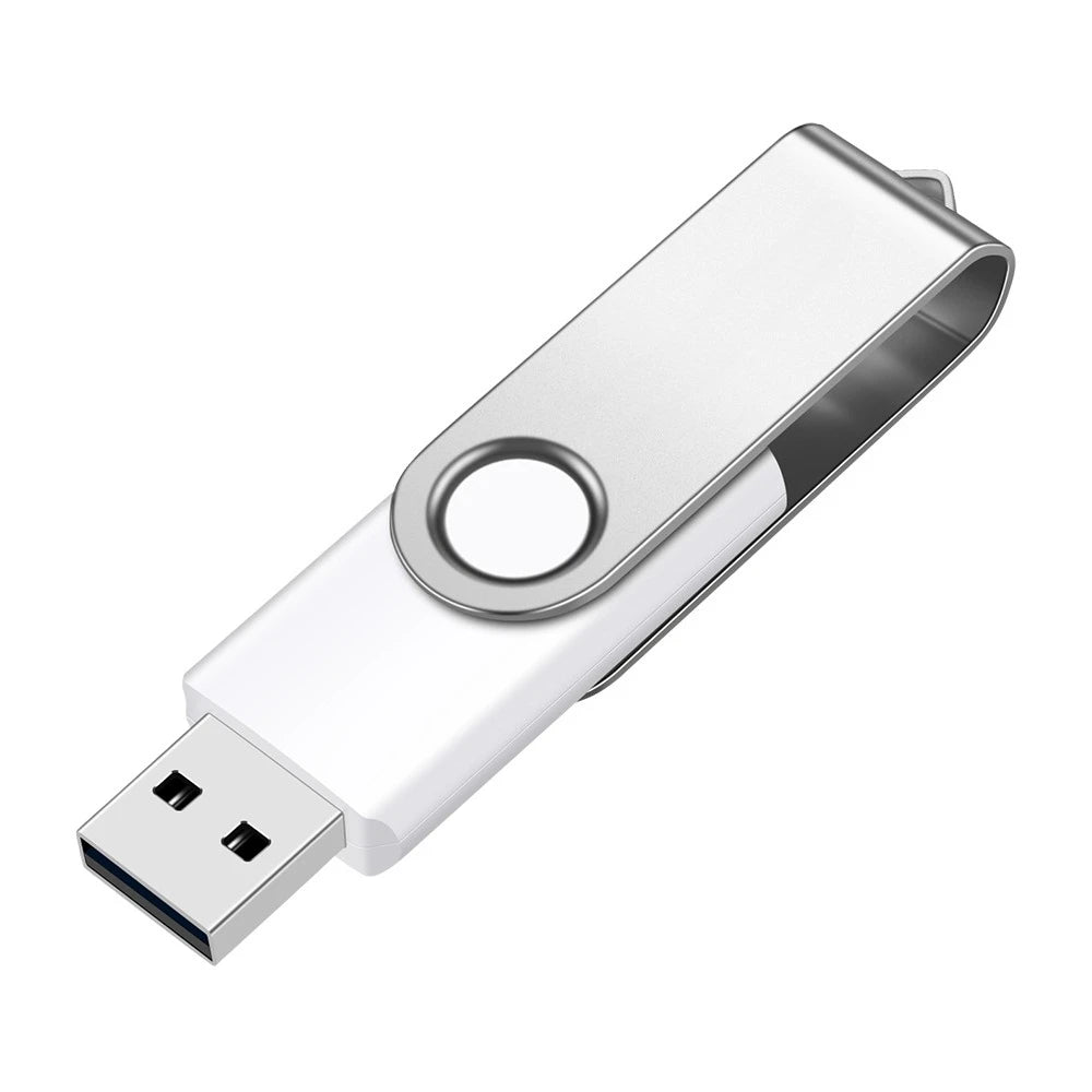 Silberner USB-Stick mit rotierender Clips und USB-Anschluss, von oben gezeigt.