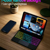 A tablet is shown with a slim Bluetooth keyboard case featuring 7-color rainbow backlight on the keys and trackpad.