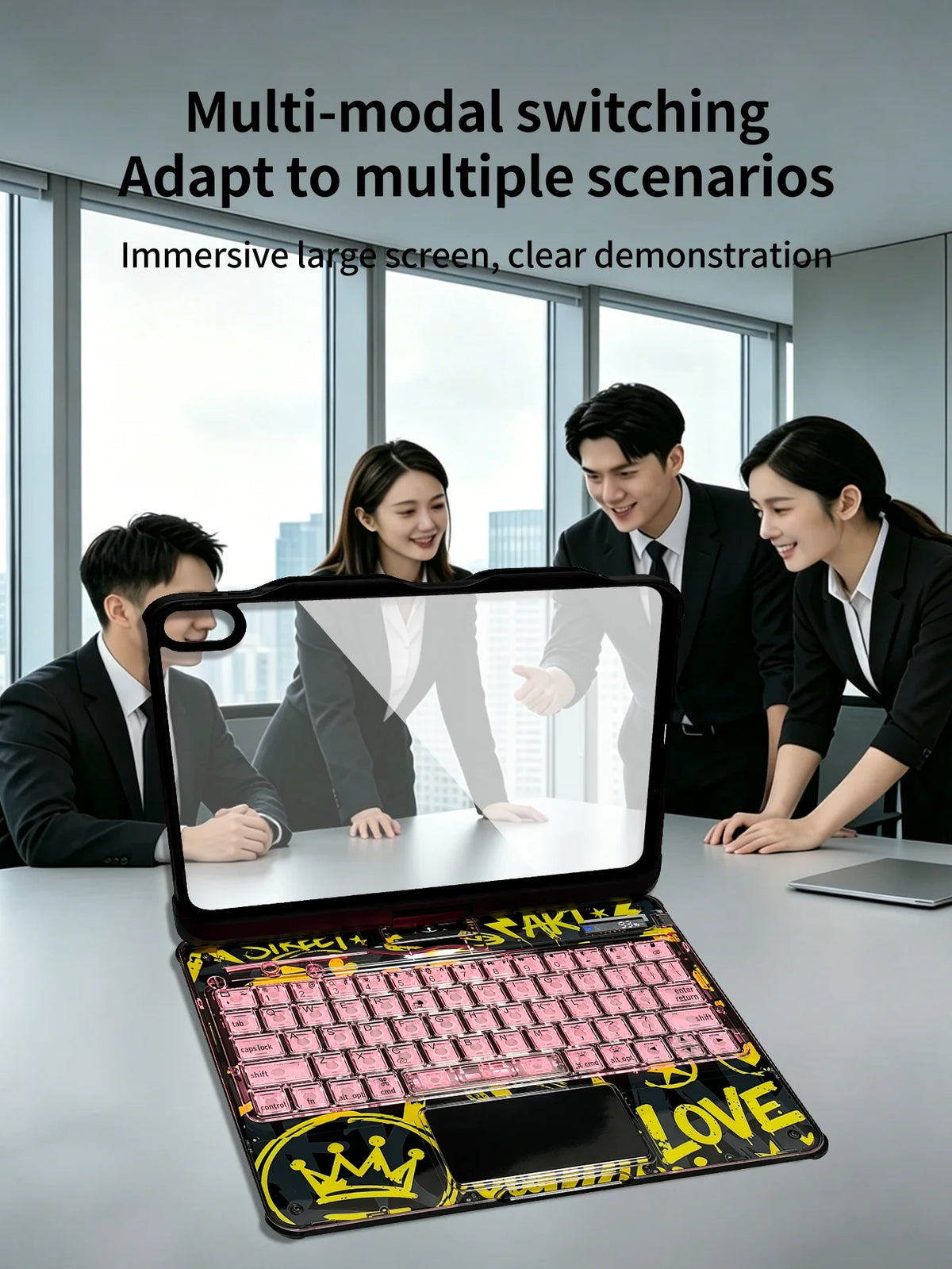 A laptop is shown open on a desk with a large screen display, demonstrating multi-modal switching capabilities.