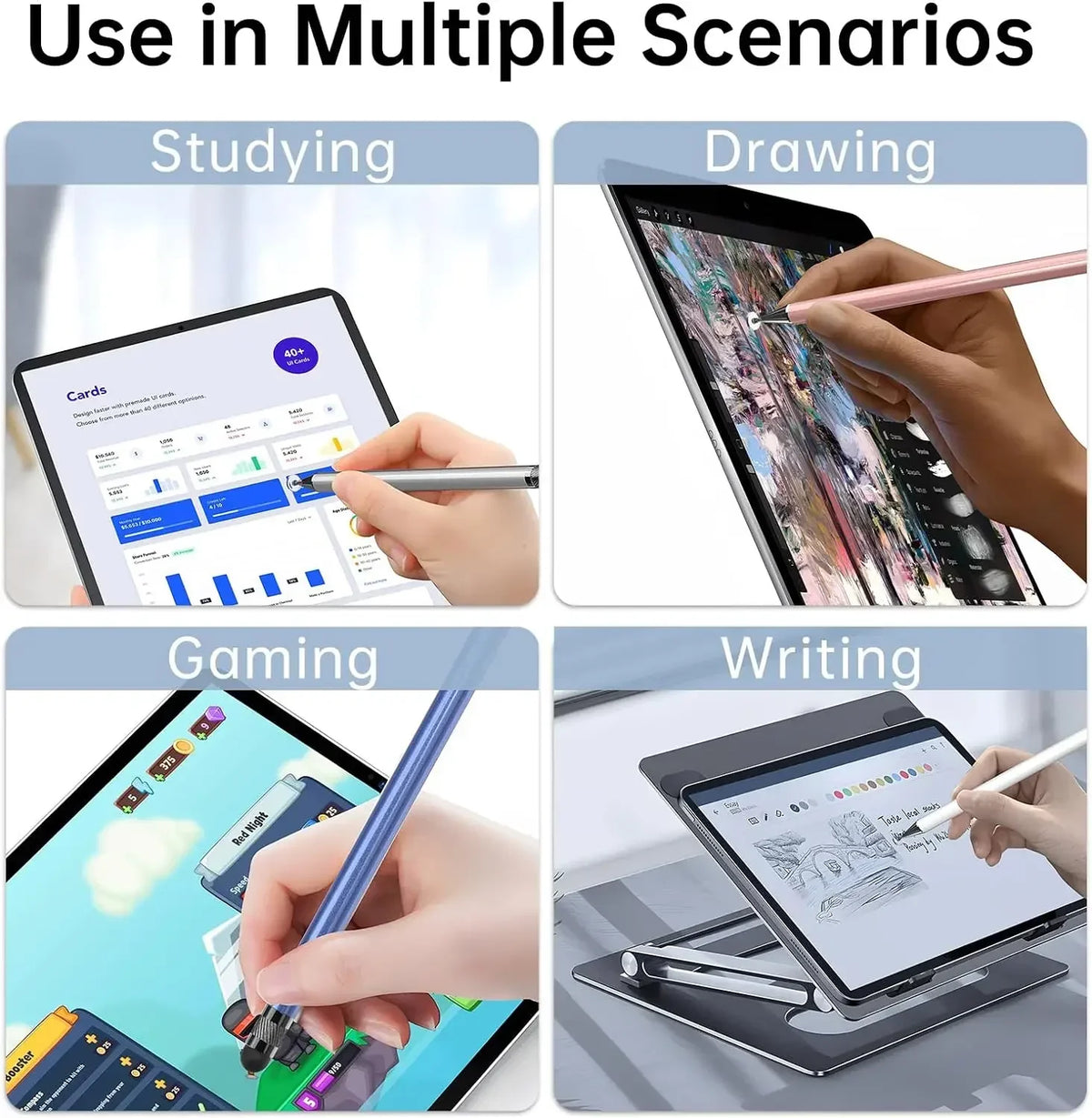 A universal stylus pen is shown being used for studying, drawing, gaming, and writing on a tablet.