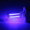 A glowing retro Edison style LED bulb with a clear glass envelope is illuminated in purple light.
