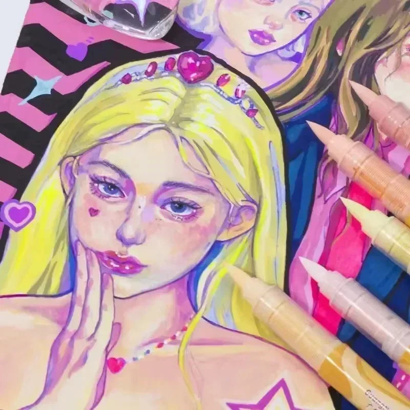 A close-up illustration of a blonde woman with purple accents, painted in acrylic markers.