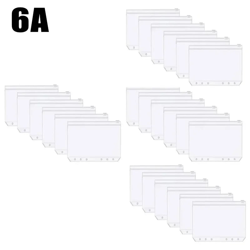 A set of 10 clear A6 zippered budget envelopes for notebooks arranged in a row.
