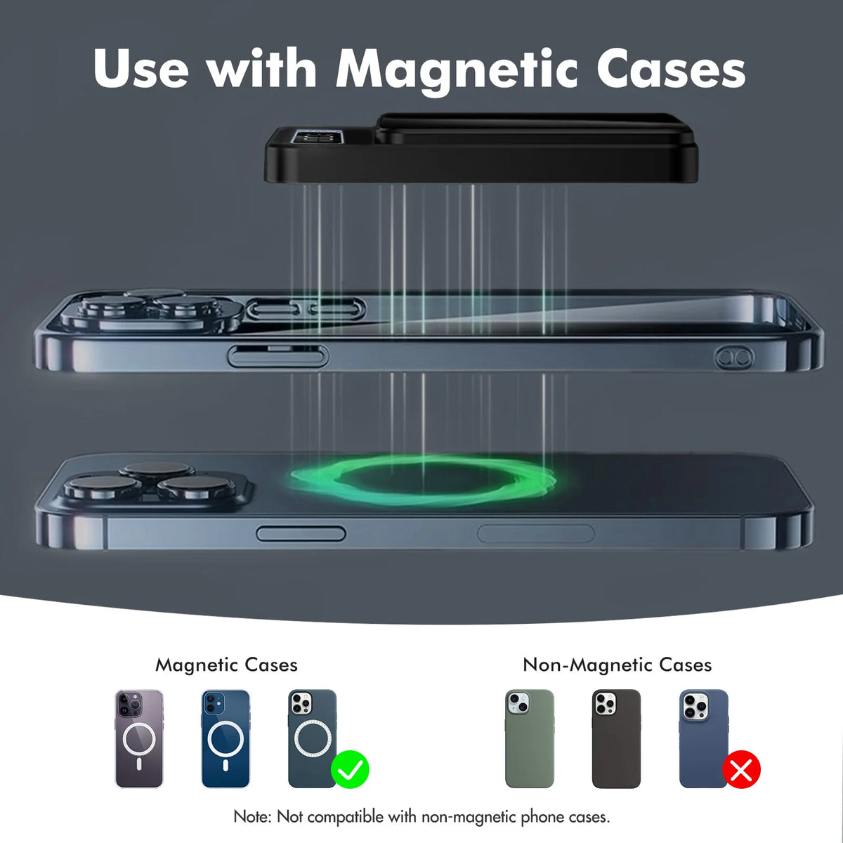 A magnetic wireless power bank is shown with and without magnetic cases, demonstrating its use.
