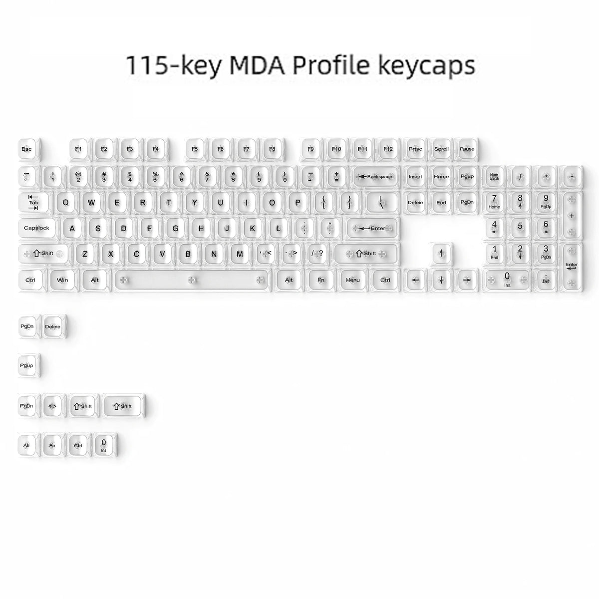 A close-up view of 115-key MDA profile keycaps for a mechanical keyboard.