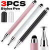 Tres bolígrafos stylus de silicona en negro, rosa y blanco, mostrados con puntas y cuerpo.