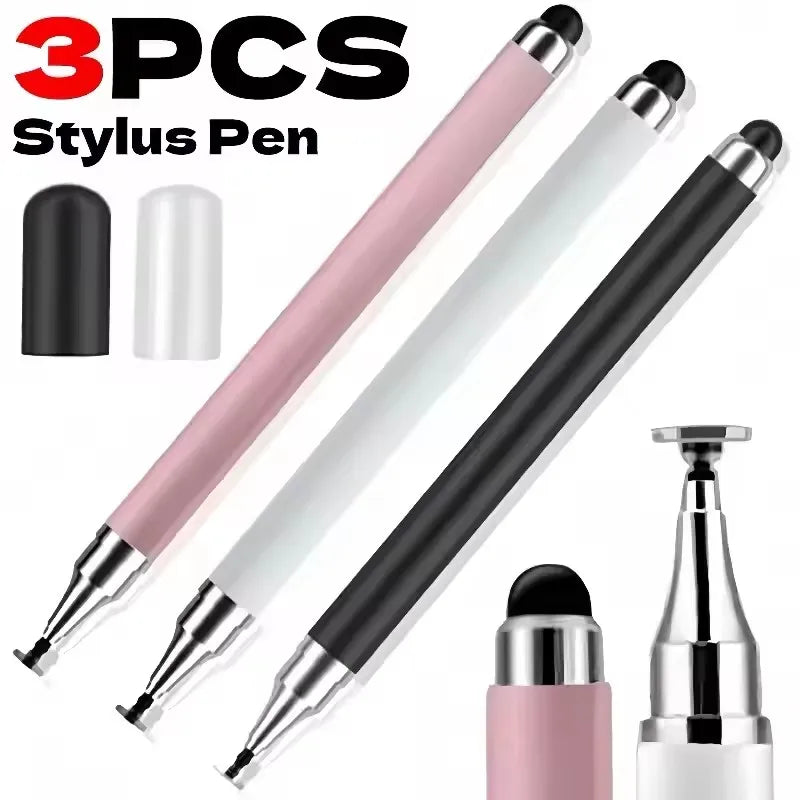 Tres bolígrafos stylus de silicona en negro, rosa y blanco, mostrados con puntas y cuerpo.