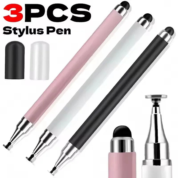 Three silicone stylus pens in black, pink, and white shown with tips and body parts.