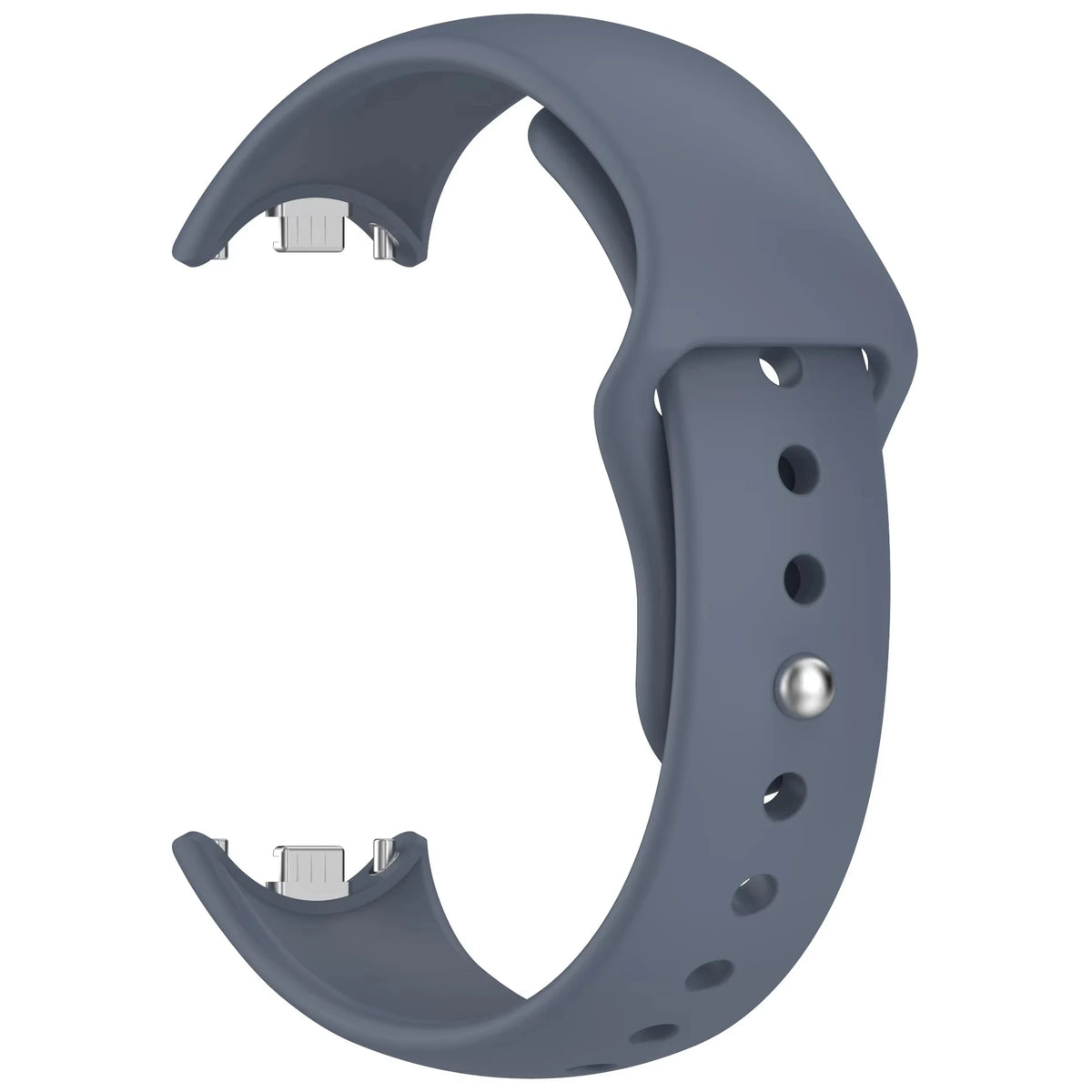 A gray silicone replacement strap for a Mi Band watch, shown in a curved form.