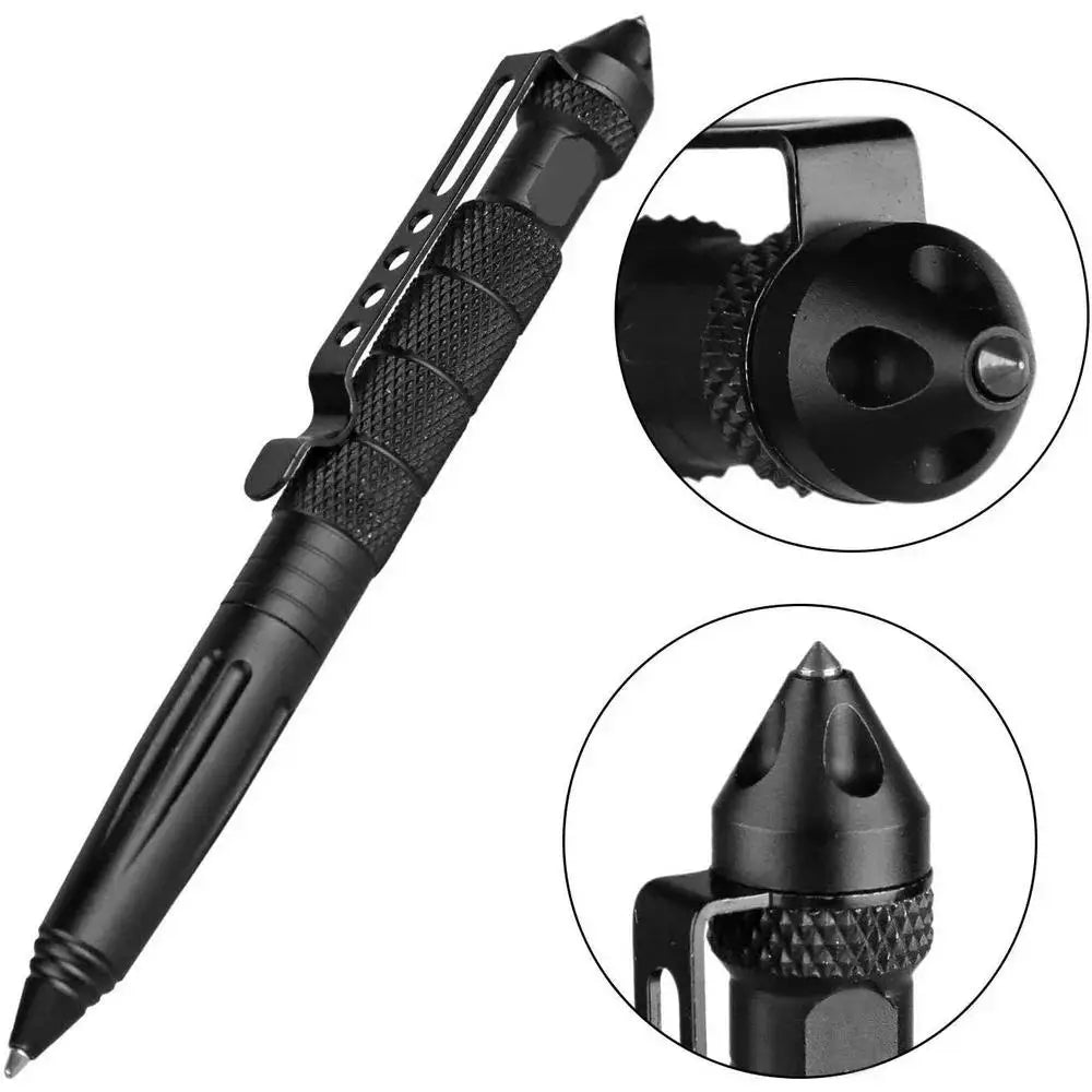 A black tactical aluminum pen shown in various views, including the full pen and a close-up of the tip.