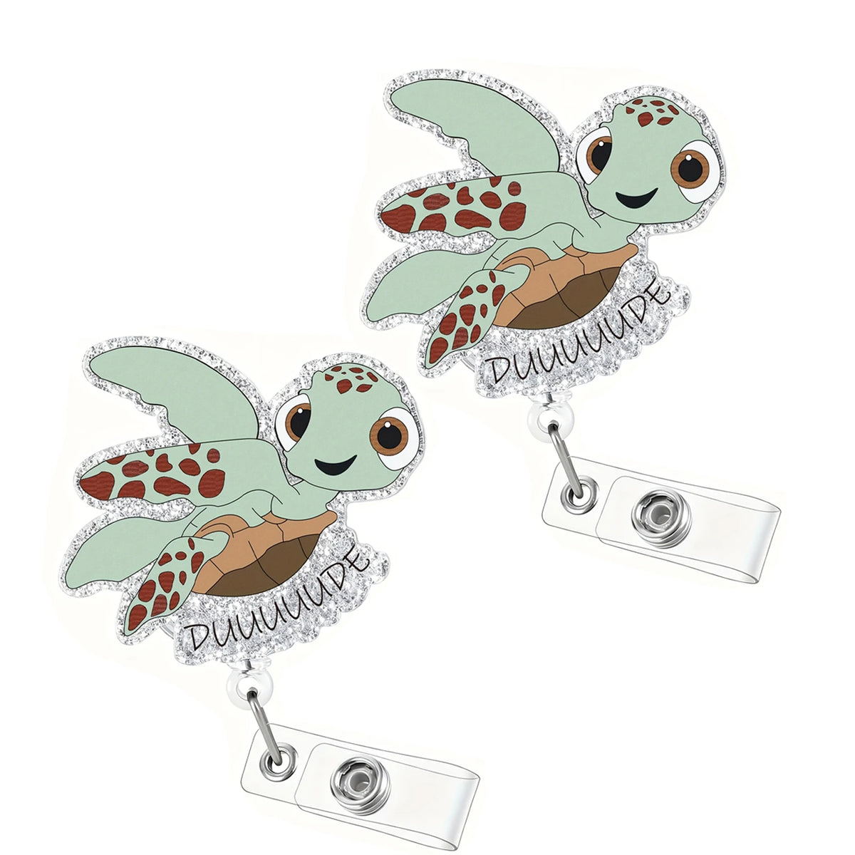 A charm featuring a cute green and brown turtle with sparkly wings and the text 'NURSE' on a silver badge reel.