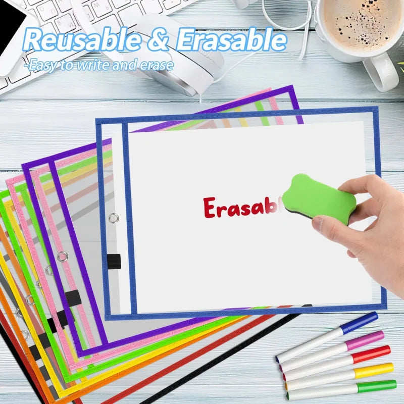 Colorful reusable erasable pockets and sheets for writing and erasing in a classroom setting