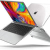 Silver MacBook Air with a clear hard shell case shown open displaying the colorful Apple logo
